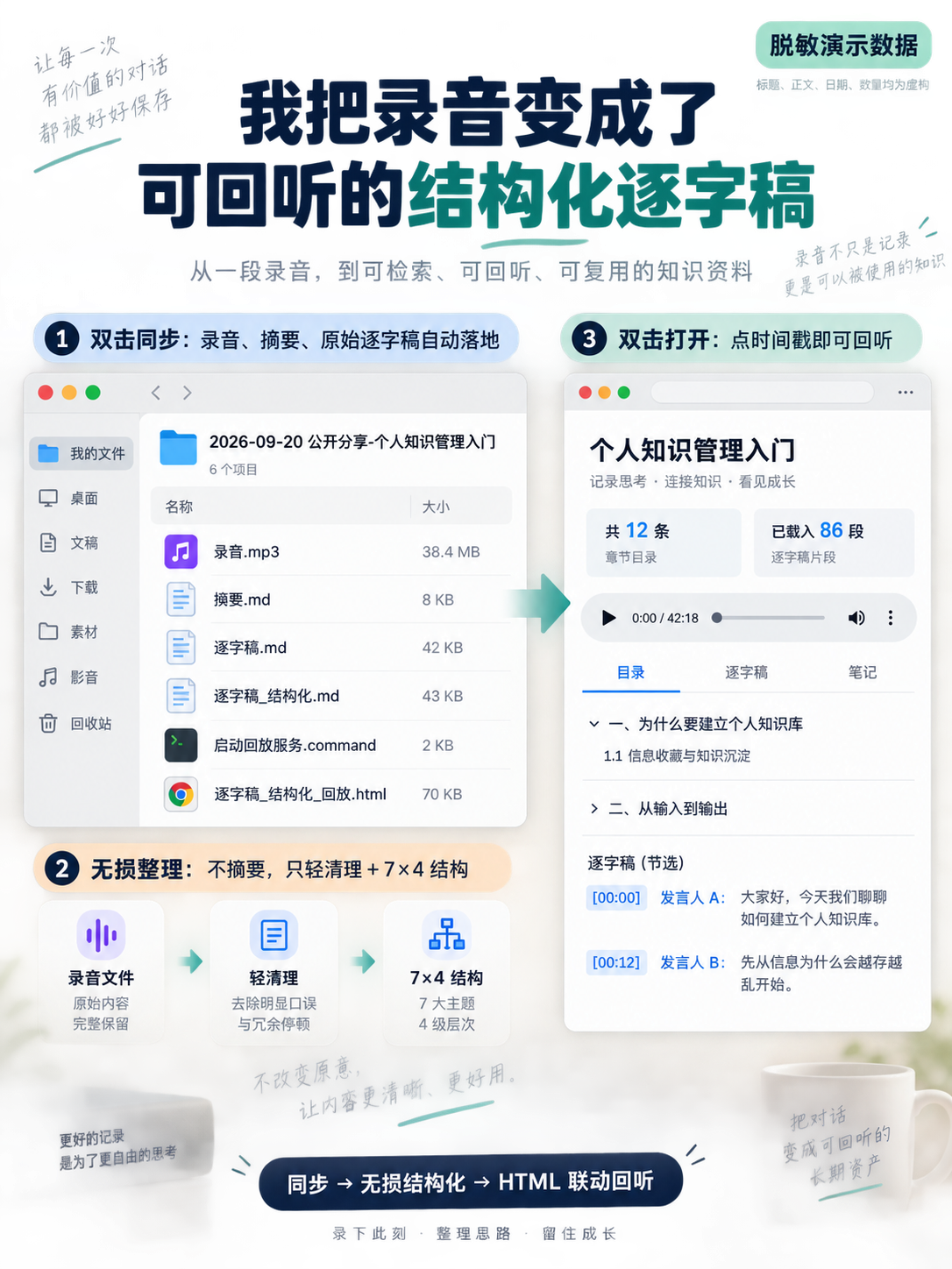 使用虚构录音演示的完整工作流示意图