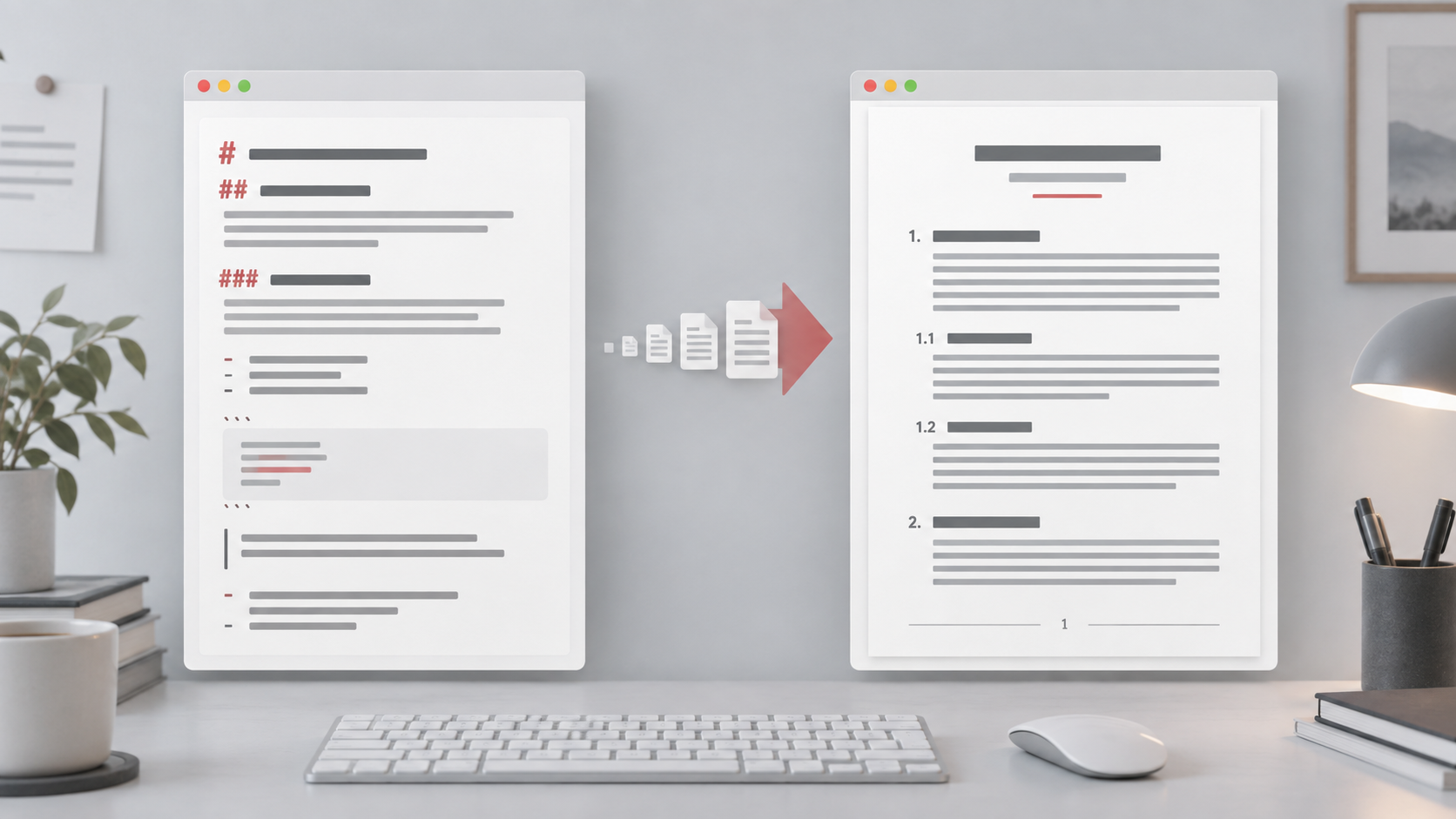 Markdown 转公文 Word 的抽象示意图